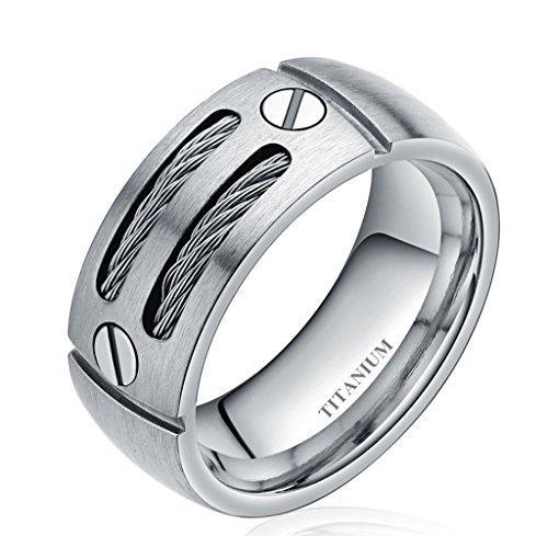 8mm Men's Silver/Black Cable Inlay Titanium Ring Wedding Band Screw Design Size 6-14-Rings-Innovato Design-Silver-7-Innovato Design