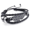 Men Women Leather Bracelet, 7-9 inch Adjustable Feather Bangle, Black Silver-Bracelets-KONOV-Innovato Design