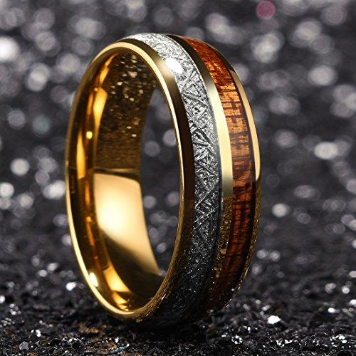 METEOR Men Wedding Band Gold Plated Domed Tungsten Ring 8 mm Imitated Meteorite Koa Wood Inlay Comfort Fit-Rings-Innovato-6-Innovato Design