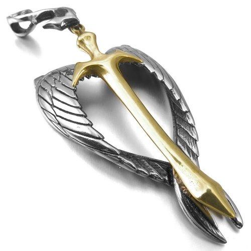Men's Stainless Steel Pendant Necklace CZ Silver Gold Tone Black Angel Wing Celtic Medieval Cross Sword Heart -With 23 Inch Chain-Necklaces-INBLUE-Innovato Design