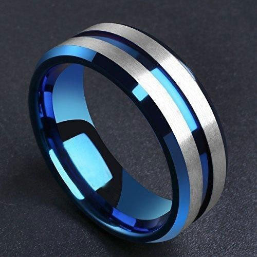 DUO 8MM Brushed Matte Titanium Ring Blue Thin Groove Comfort Fit Wedding Band For Men-Rings-Innovato Design-7-Innovato Design
