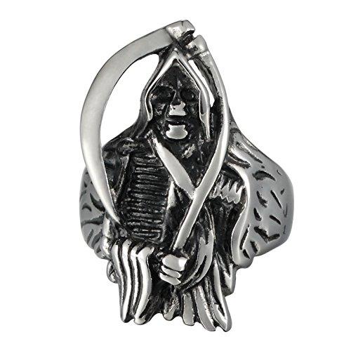 Men's Large Stainless Steel Ring Silver Tone Black Scythe Death Grim Reaper Skull Band-Rings-Innovato Design-7-Innovato Design