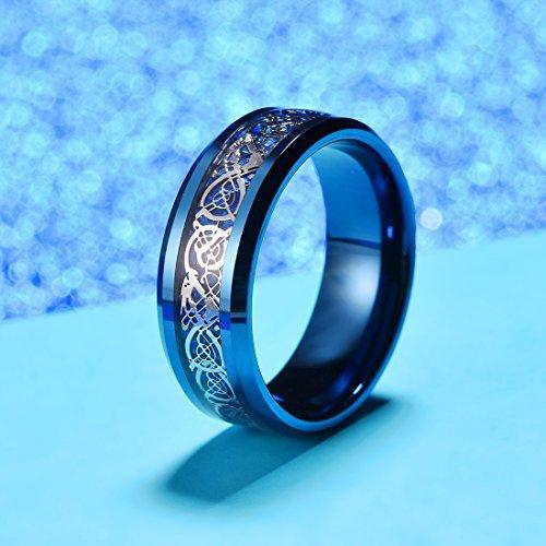 DRAGON Men Women 8mm Tungsten Carbide Ring Blue Carbon Fiber Silver Celtic Dragon Inlay Wedding Band-Rings-Innovato Design-7-Innovato Design