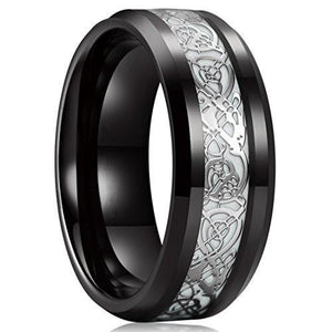 Silver Celtic Dragon Luminous Glow Black Tungsten Carbide Wedding Ring-Rings-Innovato Design-7-Innovato Design
