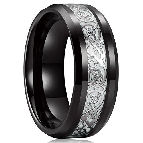 Silver Celtic Dragon Luminous Glow Black Tungsten Carbide Wedding Ring