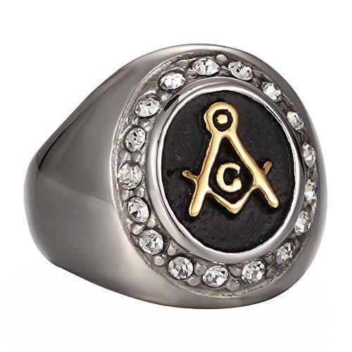 Gold Plated Vintage Highly Polishing Freemason Masonic with CZ Stainless Steel Men Ring Silver black