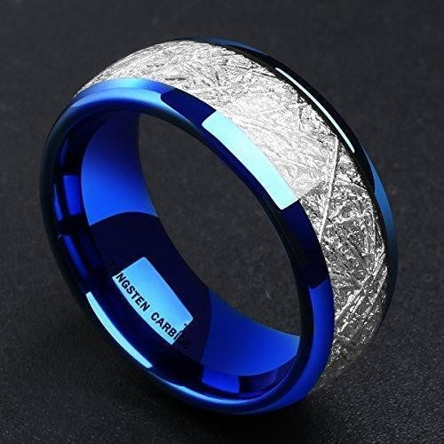 8mm Blue Tungsten Carbide Ring Meteorite Inlay Domed High Polished Wedding Band Comfort Fit-Rings-Innovato Design-7-Innovato Design