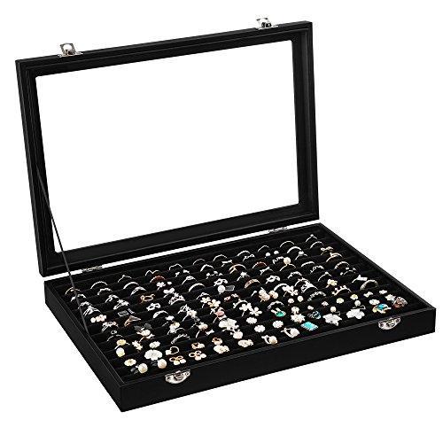 120 Ring Display Case 11 Rows Jewerly Organizer Earring Showcase Box with Glass Lid Black