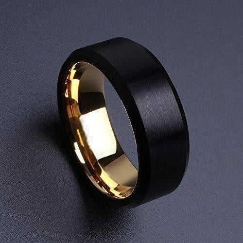 DUO 8mm Black Matte Finish Tungsten Carbide Ring 18K Gold Plated Beveled Edge Wedding Band-Rings-Innovato Design-7-Innovato Design