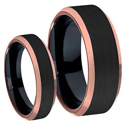 His & Hers Titanium Two-Tone Black IP & Rose Gold IP Beveled Edge Brushed Center Wedding Band Ring Set-Rings-Innovato Design-6-5-Innovato Design