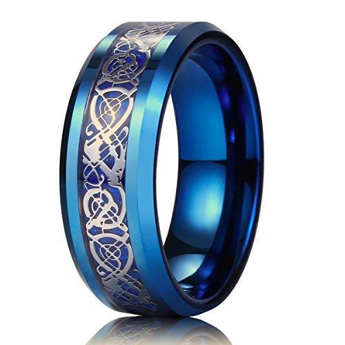 DRAGON Men Women 8mm Tungsten Carbide Ring Blue Carbon Fiber Silver Celtic Dragon Inlay Wedding Band-Rings-Innovato Design-7-Innovato Design
