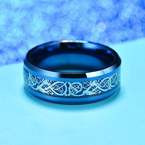 DRAGON Men Women 8mm Tungsten Carbide Ring Blue Carbon Fiber Silver Celtic Dragon Inlay Wedding Band-Rings-Innovato Design-7-Innovato Design