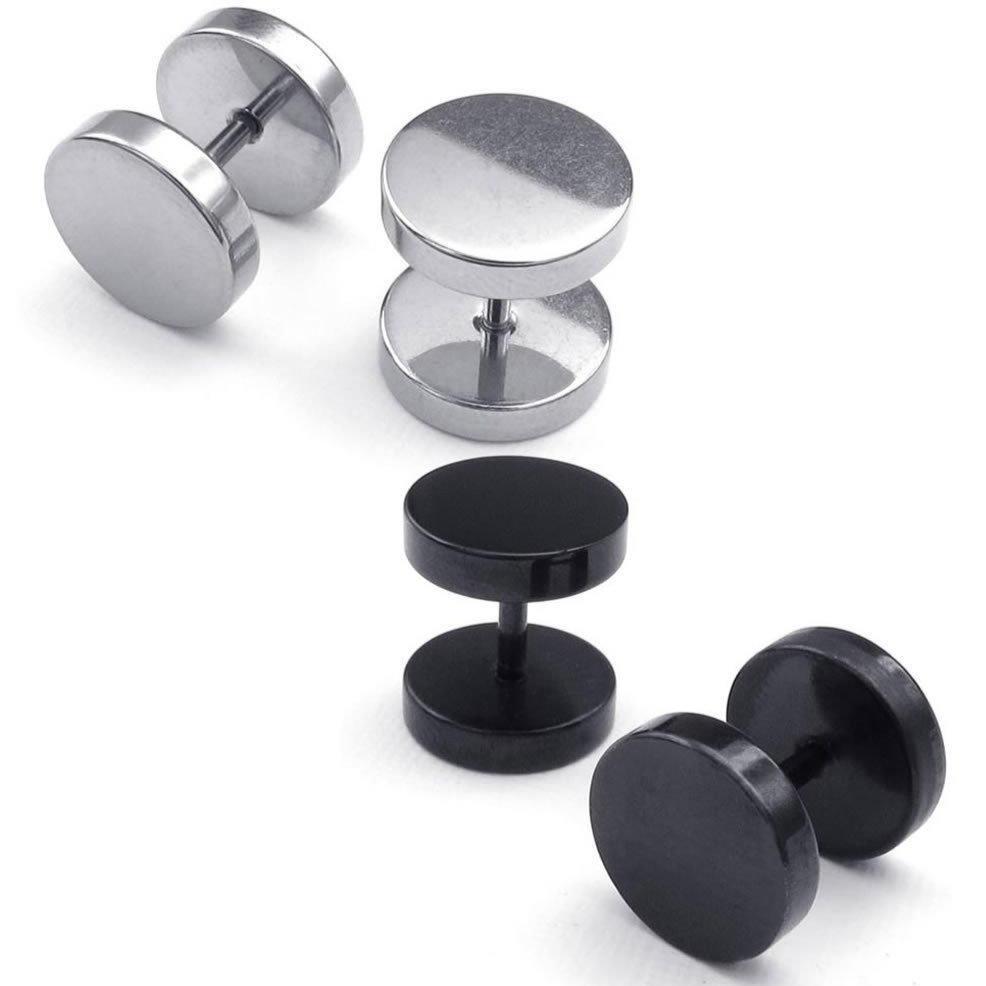 2 Pairs Men Women Stainless Steel Round Tunnel Plug Stud Earrings, Silver Black, 3-14mm-Earrings-Innovato Design-3mm-Innovato Design
