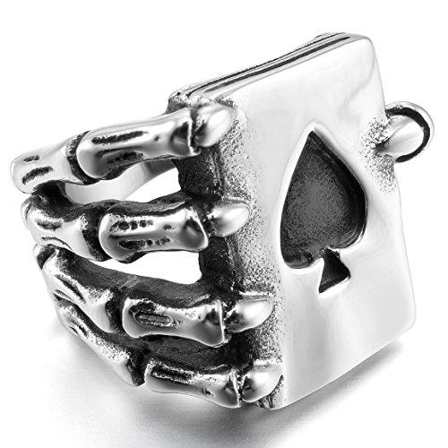 Silver-Toned Black Ace of Spades Poker Cards with Skull Hand Stainless Steel Ring-Rings-Innovato Design-7-Innovato Design