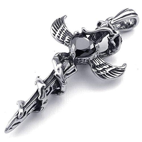 Men Snake Wing Cross Sword CZ Stainless Steel Pendant Necklace, Black, 24 inch Chain - InnovatoDesign