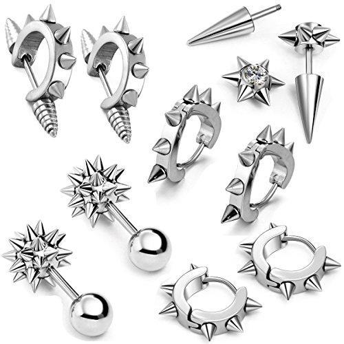10 PCS Stainless Steel Men Women Ear Stud Earring Huggies Piercing Spike Rivet Cone Taper Silver