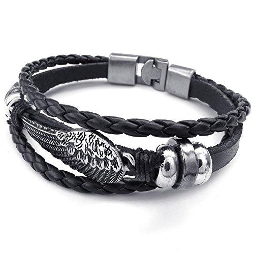 Men Women Genuine Leather Bracelet, Angel Wing Braided Cuff Bangle, Black Silver-Bracelets-KONOV-Innovato Design