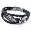 Men Women Genuine Leather Bracelet, Angel Wing Braided Cuff Bangle, Black Silver - InnovatoDesign