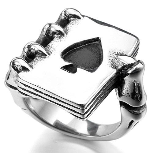 Silver-Toned Black Ace of Spades Poker Cards with Skull Hand Stainless Steel Ring-Rings-Innovato Design-7-Innovato Design