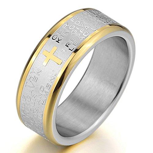 Men's Stainless Steel Ring Band Silver Gold Tone Bible Lords Prayer Cross Wedding - InnovatoDesign