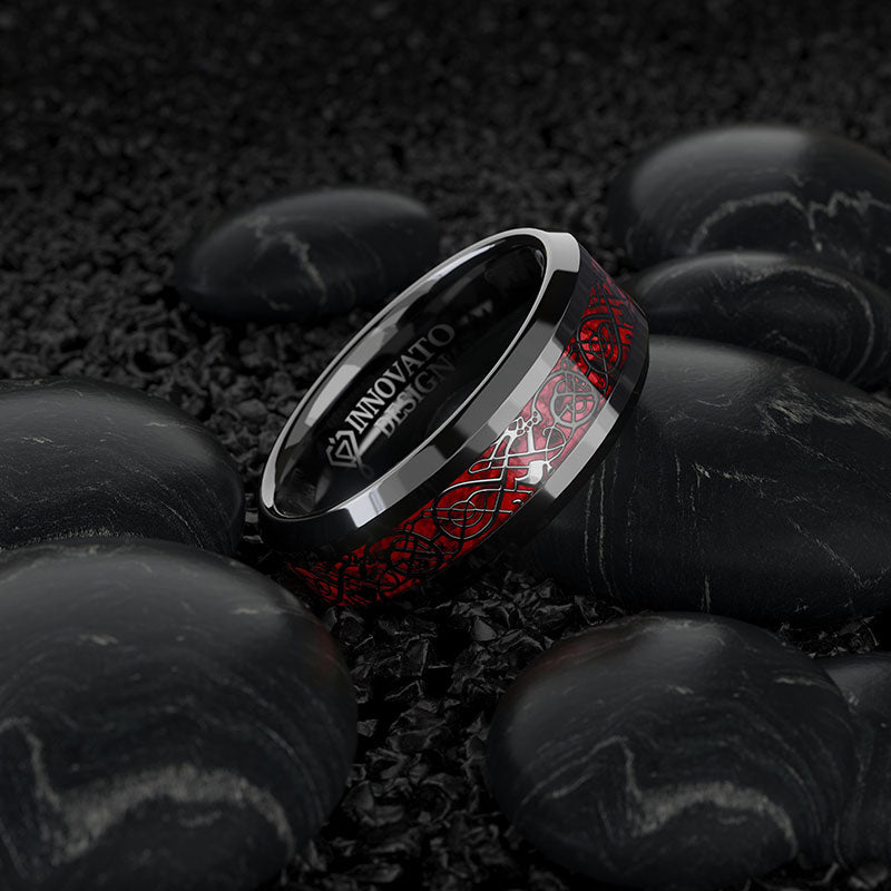 8mm Red & Black Celtic Dragon Tungsten Carbide Comfort Fit Wedding Ring-Rings-Innovato Design-5-Innovato Design