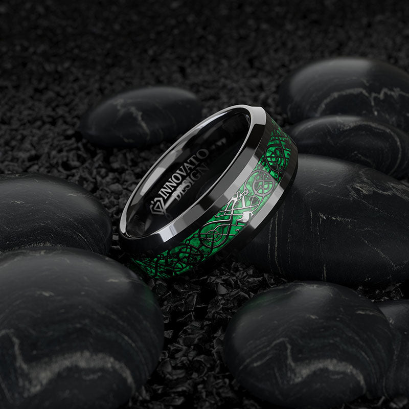 His & Her 6mm/8mm Green Carbon Fiber Black Celtic Dragon Tungsten Carbide Wedding Bands Set-Ring-Innovato Design-6-5-Innovato Design
