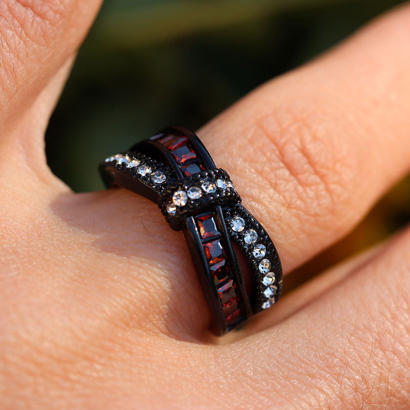 Red Black Carbon Fiber Inlay and Red White Cubic Zirconia Bow Stainless Steel Engagement Rings-Couple Rings-Innovato Design-6-5-Innovato Design