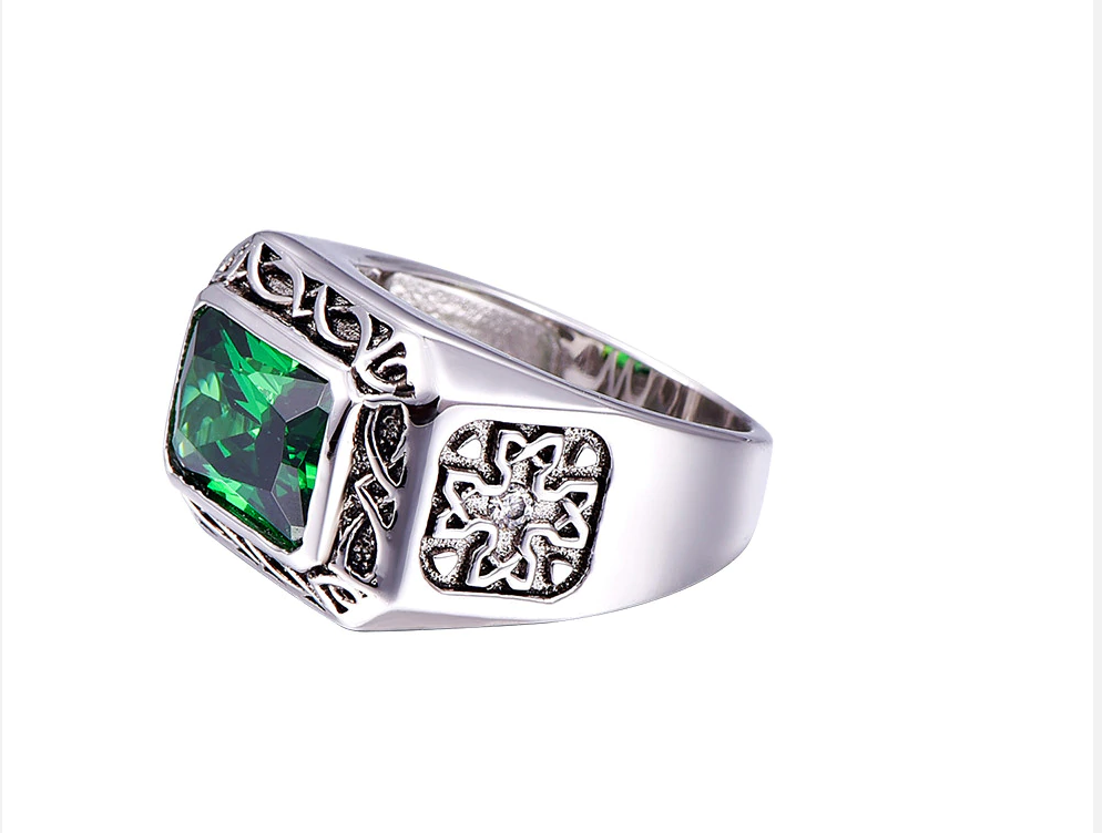 Men's Sterling Silver Wedding Band Engagement Ring Green Nano Emerald Simulated Peridot Ring-Rings-Innovato Design-6-Innovato Design