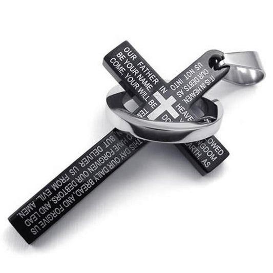 Stainless Steel Men Women Prayer Ring Cross Pendant Necklace, Black, 24 inch Chain-Necklaces-KONOV-Innovato Design