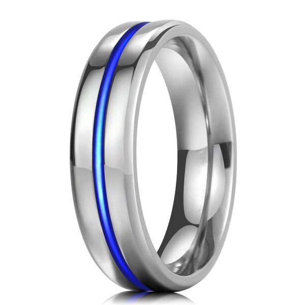 Unisex 6mm Thin Blue Line Titanium Ring High Polished Wedding Band Comfort Fit-Rings-Innovato Design-6.5-Innovato Design