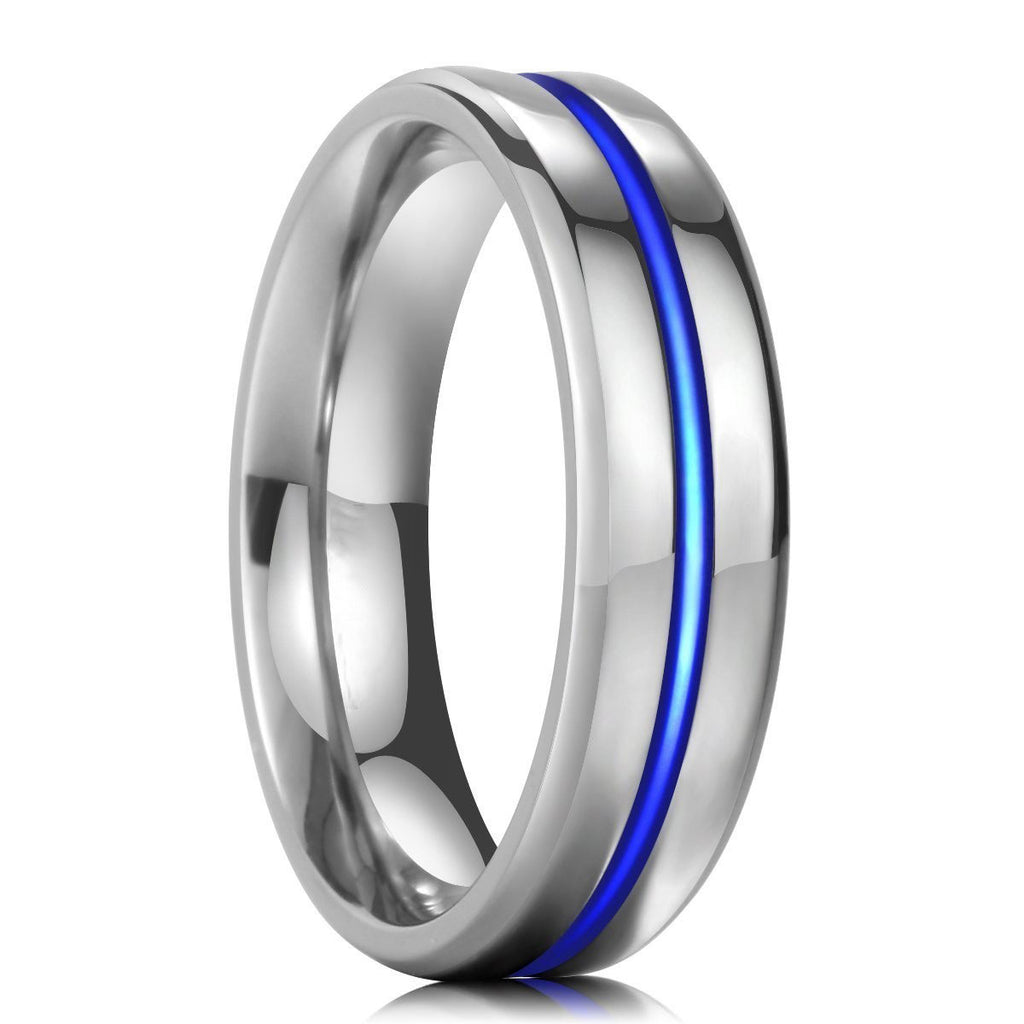 Unisex 6mm Thin Blue Line Titanium Ring High Polished Wedding Band Com ...