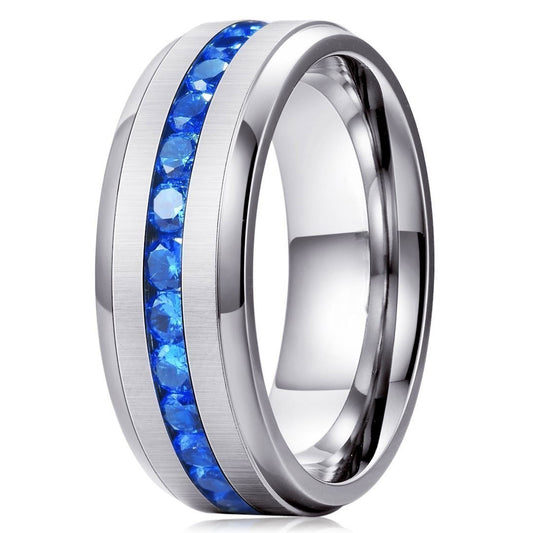 Men Women 8mm Titanium Engagement Ring Wedding Band Blue Simulated Sapphire Cubic Zirconia-Rings-Innovato Design-7-Innovato Design