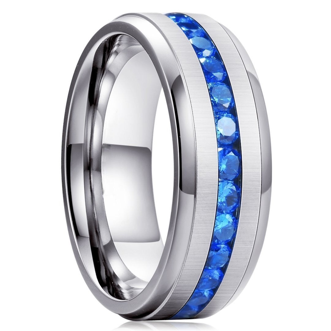 Men Women 8mm Titanium Engagement Ring Wedding Band Blue Simulated Sapphire Cubic Zirconia-Rings-Innovato Design-7-Innovato Design