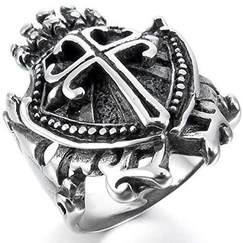 Men's Stainless Steel Ring Silver Tone Black Celtic Medieval Cross Shield-Rings-INBLUE-7-Innovato Design