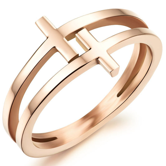 Women Elegant 18K Rose Gold Stainless Steel Double Cross Ring Christian Fashion Wedding Engagement Band-Rings-Fashion Month-5-Innovato Design
