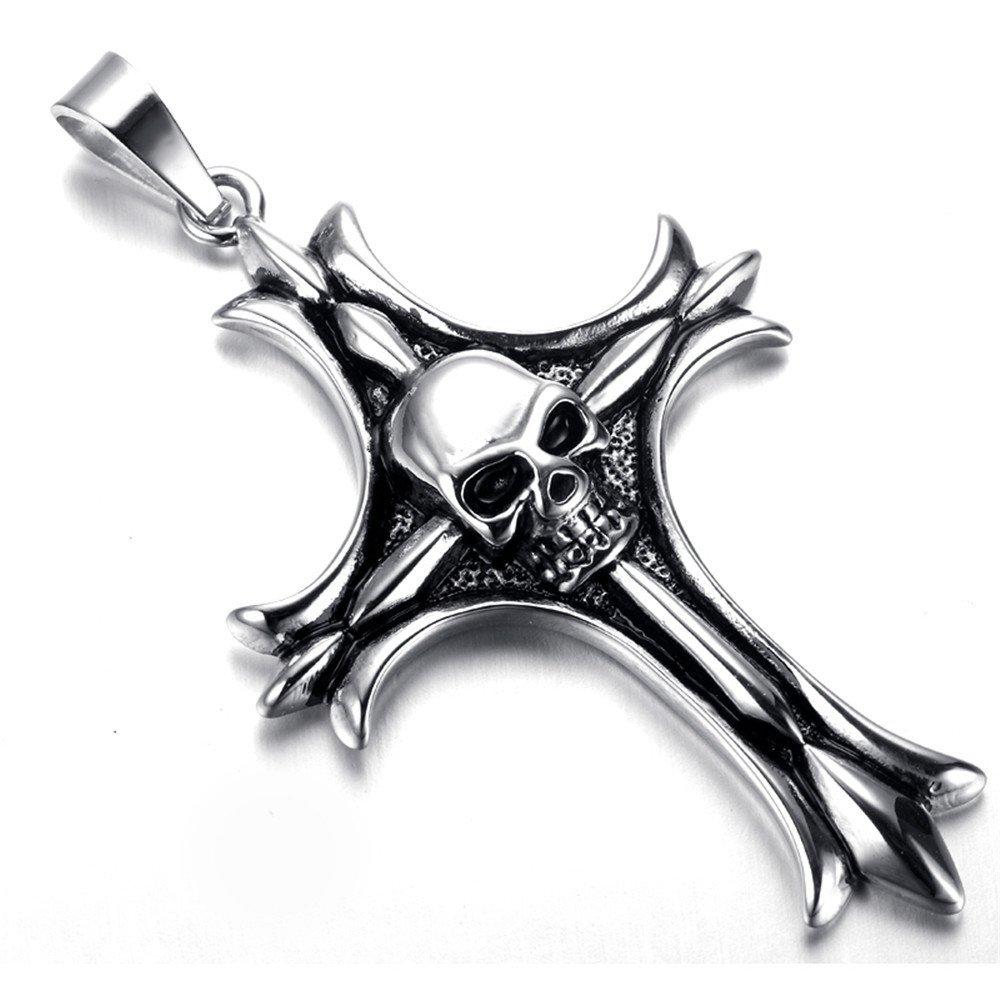 Jewelry Men Gothic Biker Skull Motorcycle Stainless Steel Pendant Necklace, Cross-Necklaces-Innovato Design-Innovato Design