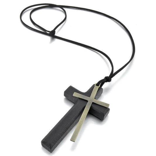 Men's Alloy Leather Wood Pendant Necklace Black Gold Tone Cross Ring Adjustable-Necklaces-INBLUE-Innovato Design