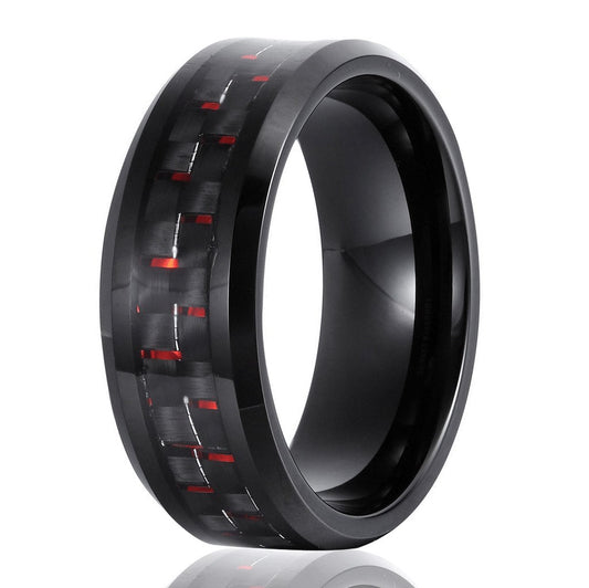 8MM Men's Tungsten Wedding Ring Black & Red Carbon Fiber Inlay Beveled Edges Thumb Rings,Size 7-14-Rings-Innovato Design-7-Innovato Design