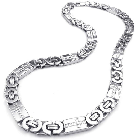 Men Stainless Steel Necklace, Heavy Wide Cross Links Chain, Silver-Necklaces-KONOV-Innovato Design