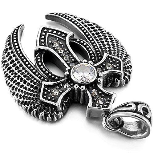 Men's Stainless Steel Pendant Necklace CZ Silver Tone Black Cross Angel Wing -With 23 Inch Chain-Necklaces-INBLUE-black-Innovato Design