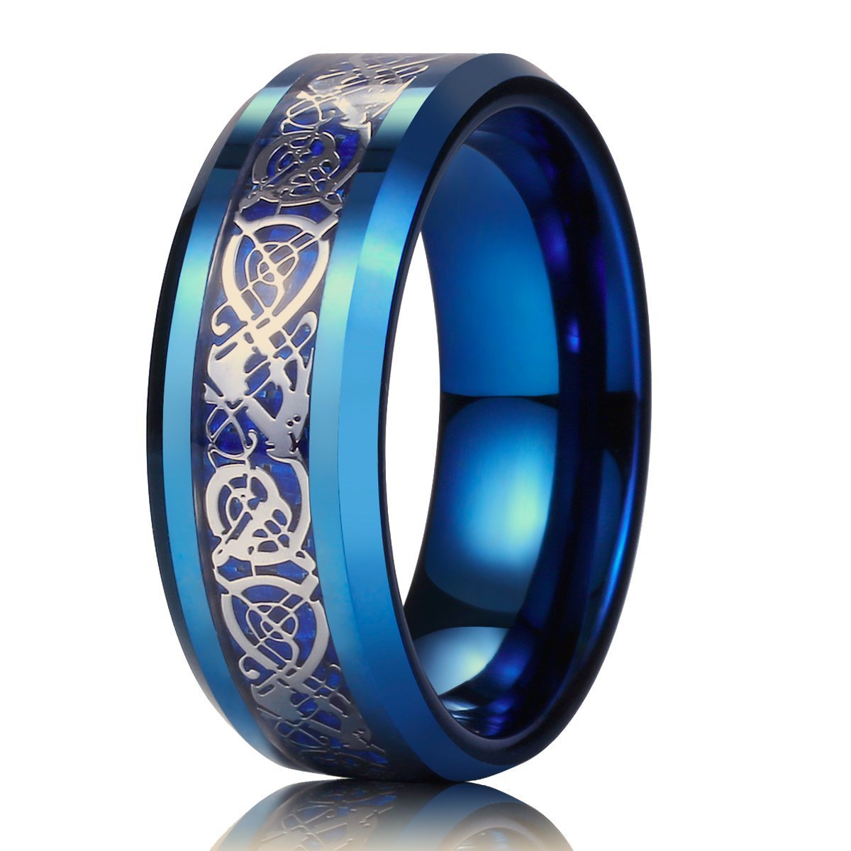 DRAGON Men Women 8mm Tungsten Carbide Ring Blue Carbon Fiber Silver Celtic Dragon Inlay Wedding Band-Rings-Innovato Design-7-Innovato Design