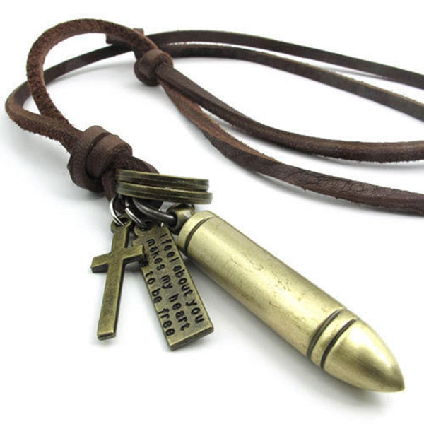 Vintage Bullet Cross Pendant Adjustable Brown Leather Cord
