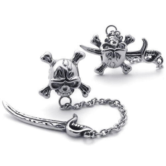 Men Vintage Stainless Steel Pirate Skull Stud Earrings Set, 2pcs, Color Silver-Earrings-KONOV-Innovato Design
