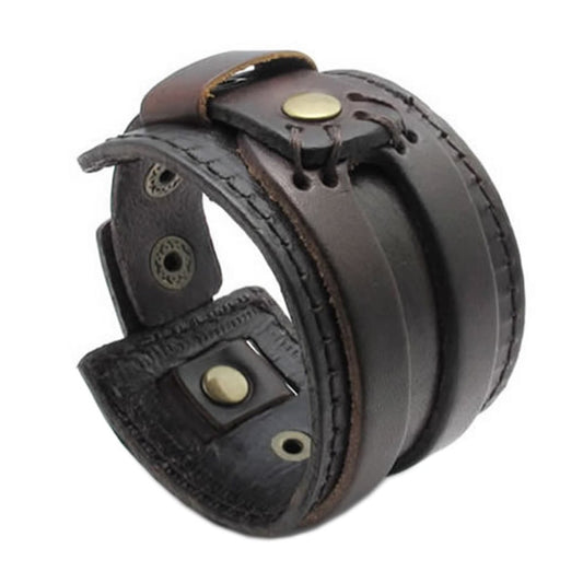 Wide Genuine Leather Men Bangle Cuff Bracelet, Fits 7.5" to 8.5", Color Brown-Bracelets-KONOV-Innovato Design