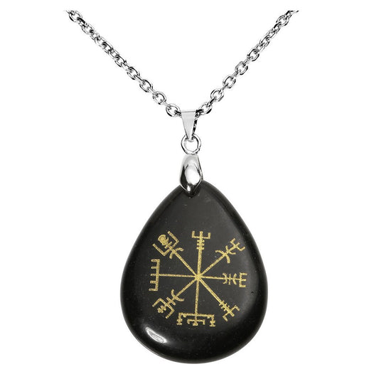 Viking Rune Vegvisir Compass Talisman Chakra Healing Crystal Teardrop Tumbled Stone Pendant Necklace 24"L-Necklaces-Top Plaza-Amethyst-Innovato Design