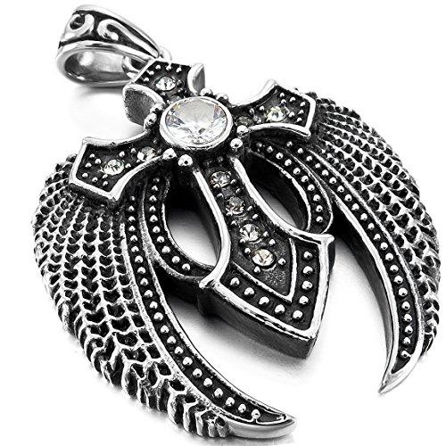 Men's Stainless Steel Pendant Necklace CZ Silver Tone Black Cross Angel Wing -With 23 Inch Chain-Necklaces-INBLUE-black-Innovato Design