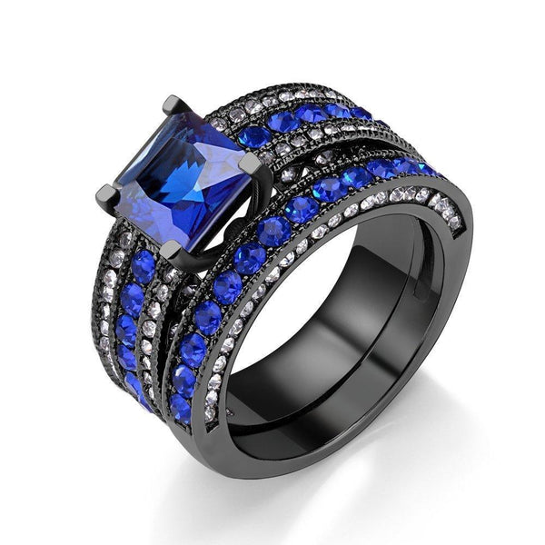 Black Stainless Steel 2Pcs Princess Cut Simulated Sapphire Wedding Ring Set Blue Cubic Zirconia-Rings-Innovato Design-5-Innovato Design
