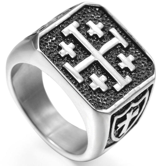 Stainless Steel Crusader Jerusalem Cross Ring-Rings-Jude Jewelers-7-Innovato Design