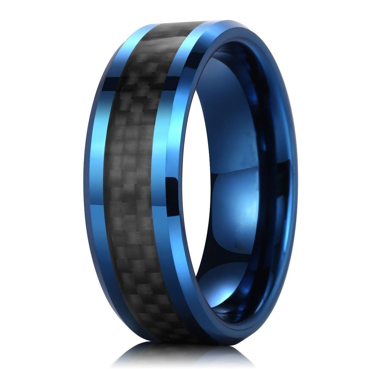 GENTLEMAN 8mm Blue Tungsten Carbide Ring Black Carbon Fiber Wedding Ba ...