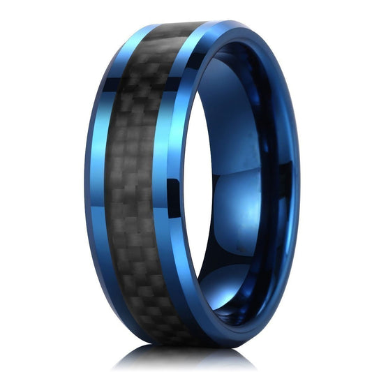 GENTLEMAN 8mm Blue Tungsten Carbide Ring Black Carbon Fiber Wedding Band Polished Finish Comfort Fit-Rings-Innovato Design-7-Innovato Design